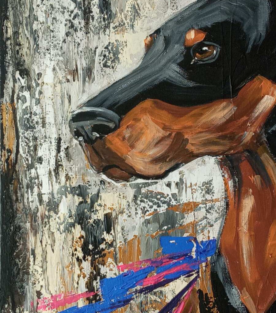 ドーベルマン 絵画 油彩画　オリジナル　原画 ドーベルマンの肖像画 抽象的なオリジナルのテクスチャ絵画