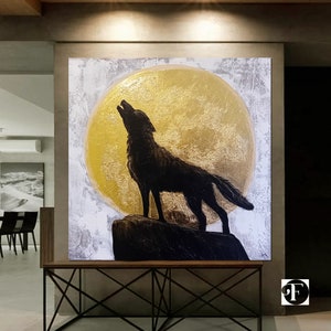 Wolf huilt naar de maan originele kunst, originele wolf schilderij, wolf muurkunst, zwart-witte muurkunst, getextureerde kunst met goud, abstracte wolf