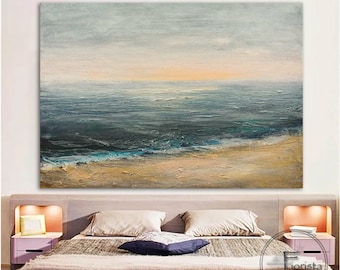 Abstract sea original painting on canvas wall decor seascape sunrise at sea large living room painting blue gray painting ocean art 3d wall