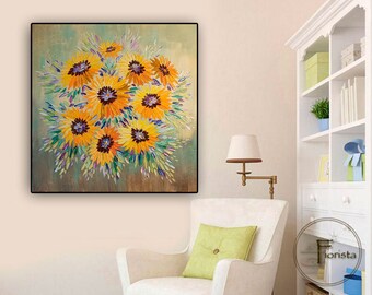 ひまわり オリジナル抽象画 キャンバスの油絵 花 壁アート モダン