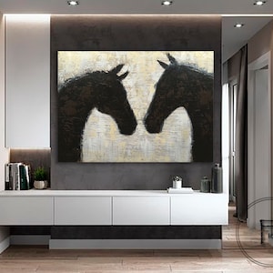 Two Horses Oil Painting on Canvas Abstract Horse Love Painting Horse Art for Horse Lovers Brown and White Modern Art for Wedding Couple