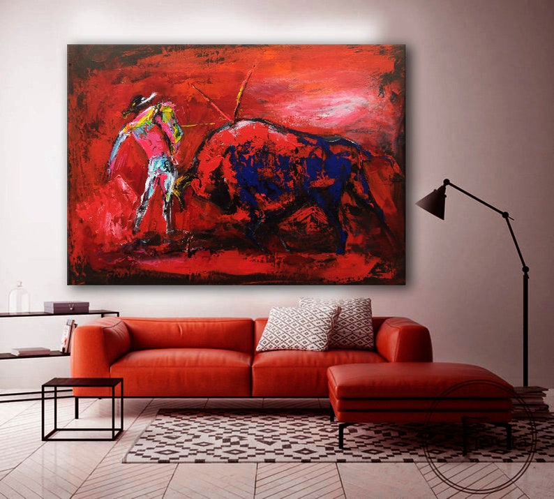 Red Bullfight Painting, Large Abstract Bull & Torrero Art - Etsy