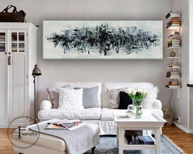 Large Palette Knife Painting Black White Wall Art Canvas Wall Etsy