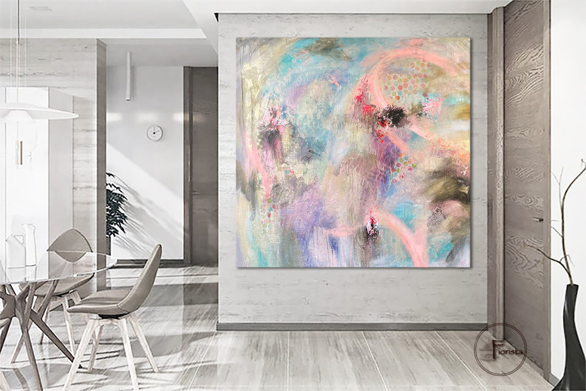 45x45インチ 大型抽象カラフルキャンバス絵画 アクリル画 モダン