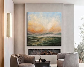Große Seelandschaft Gemälde auf Leinwand Wandkunst Abstrakte Ozean Malerei Hellblaue Abstrakte Kunst Handgemalt Künstler Wandkunst Moderne Kunst Meer