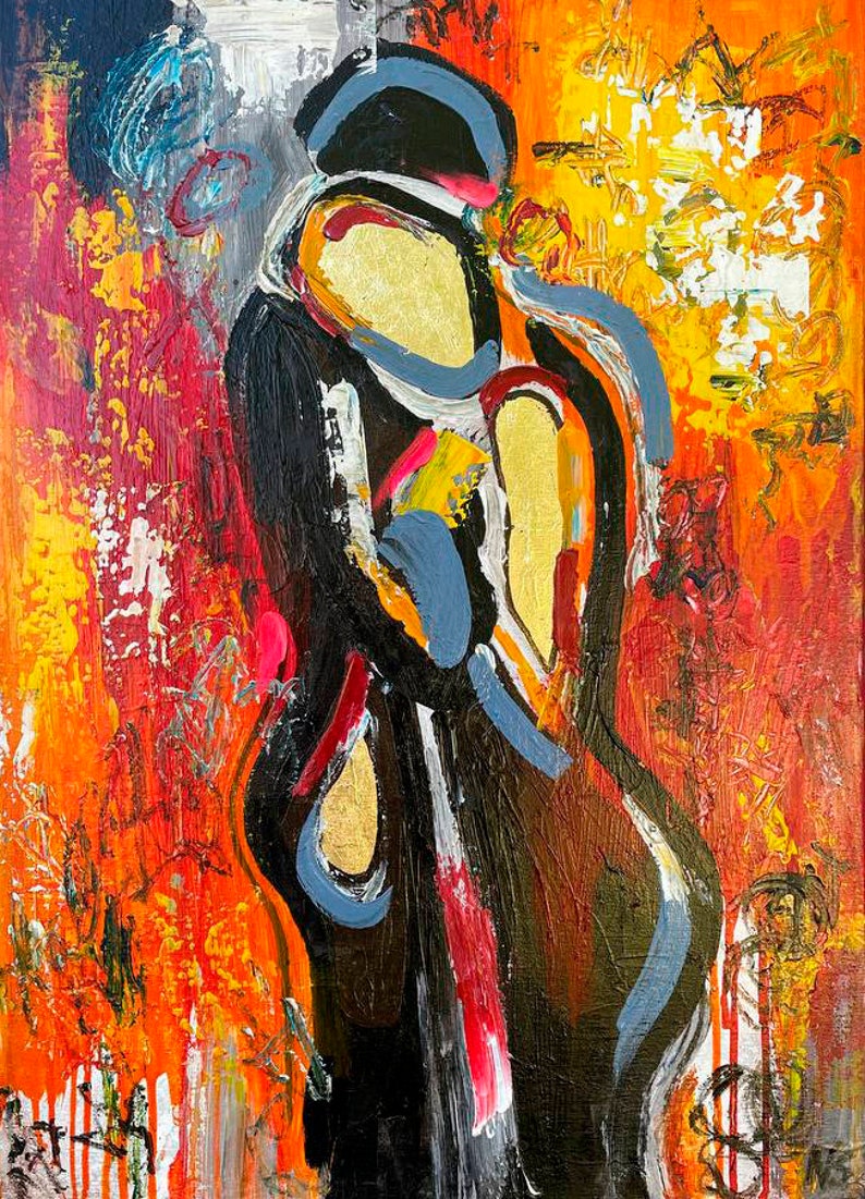 Original modern abstract painting on the wall bright colorful picture textured art painting painting abstract gold painting couple lovers image 9