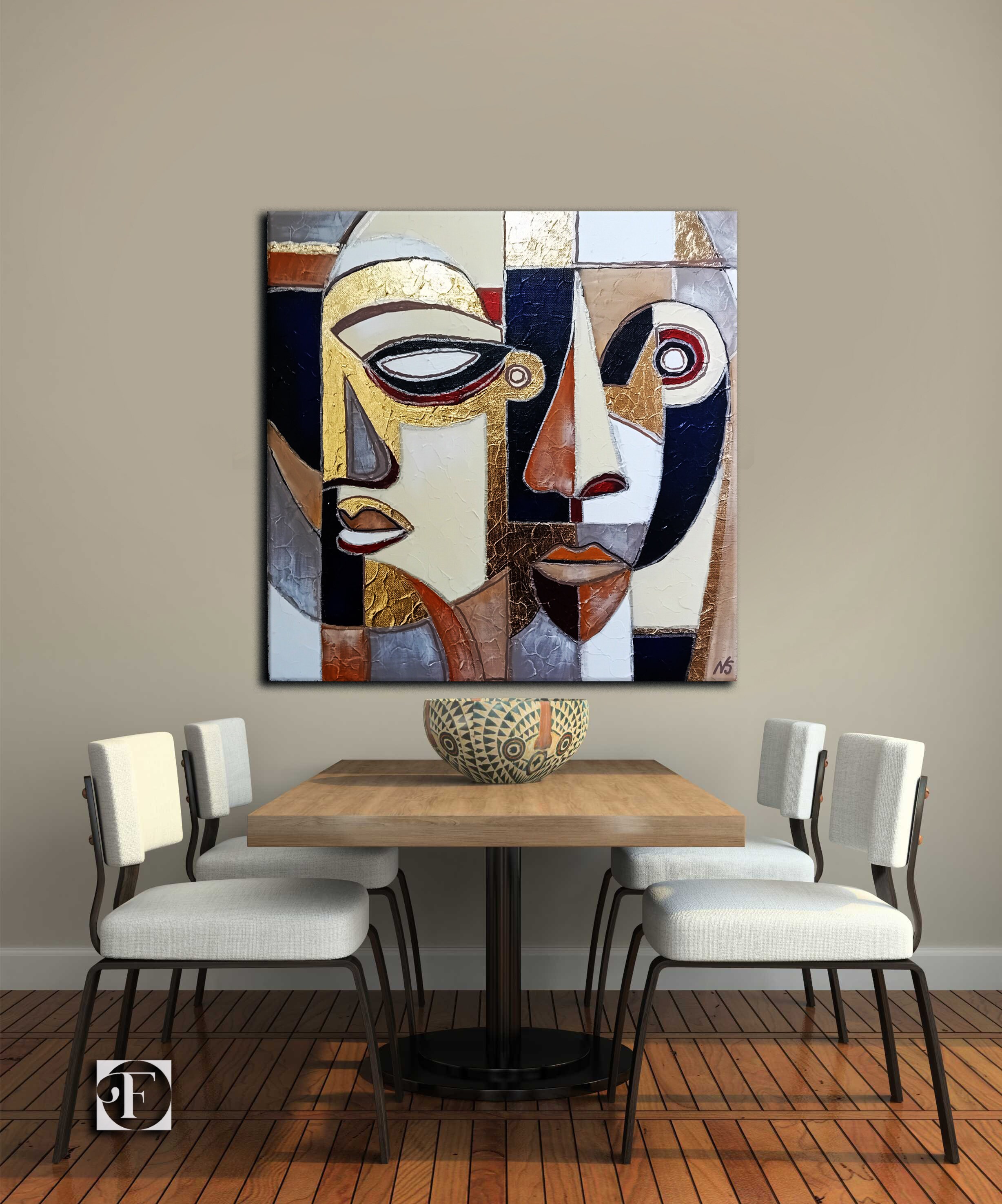 オリジナルの抽象的な顔の絵画、金箔を使った質感のあるアフリカ美術 