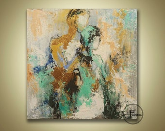 絵画 油絵「amour」 抽象的な恋人たちを描いたキャンバス油絵、北欧ミニマリストアート