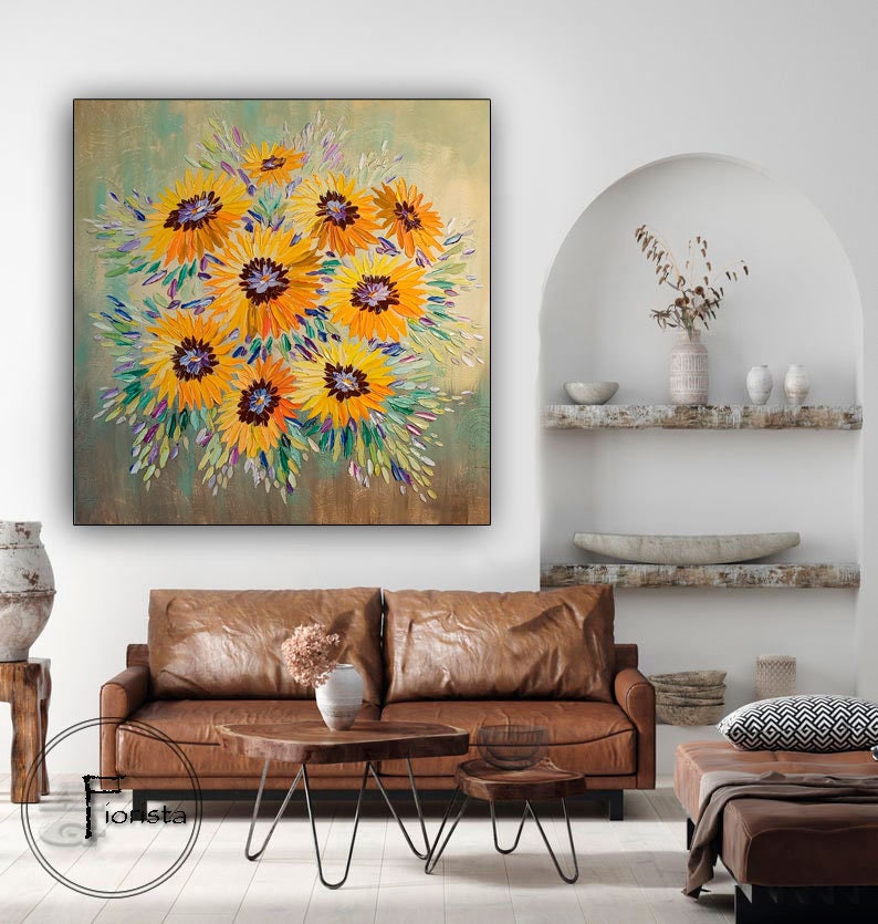 ひまわり オリジナル抽象画 キャンバスの油絵 花 壁アート モダン