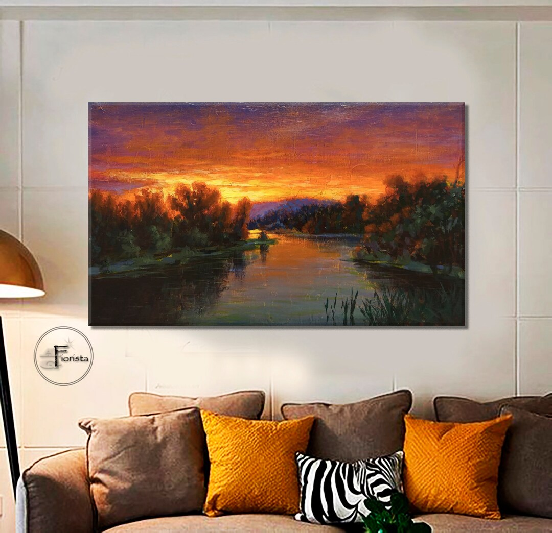 Original Colorful Lake Landscape Oil Painting on Canvas, Large Textured ...