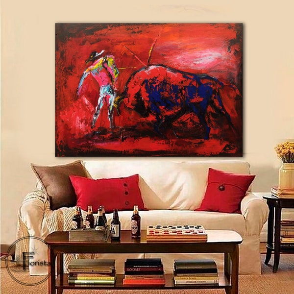 Large abstract painting bullfighting bull art bullfighting with bull torrero bullfighting red painting abstract bullin the living room art