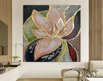 Large original lotus painting abstract flower oil painting on canvas heavy textured painting modern living room art gift beige art with gold