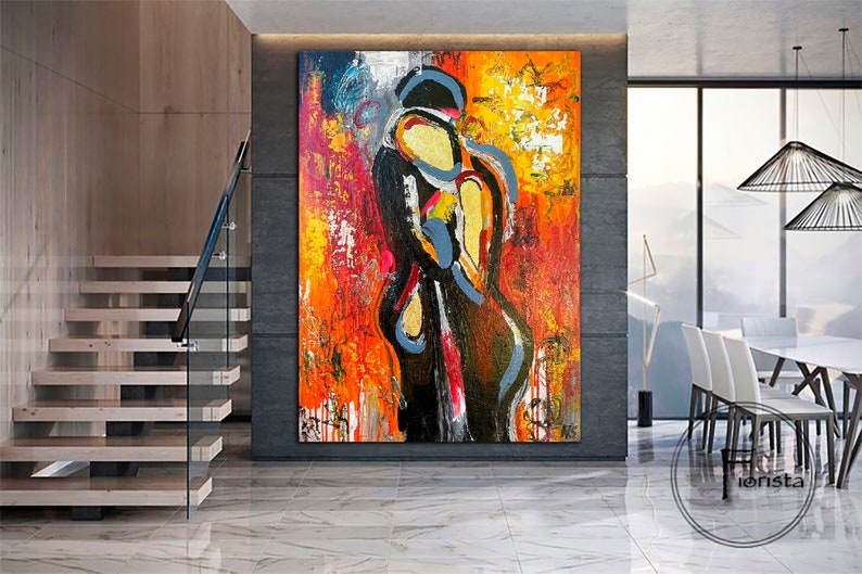 Original modern abstract painting on the wall bright colorful picture textured art painting painting abstract gold painting couple lovers image 4