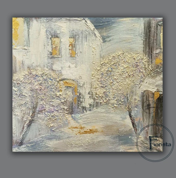 冬の街並みの油絵 印象派 クリスマスの風景 テクスチャー画 クリスマス