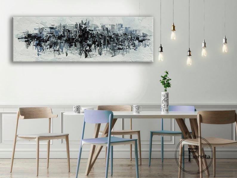 Large Palette Knife Painting Black White Wall Art Canvas Wall Etsy