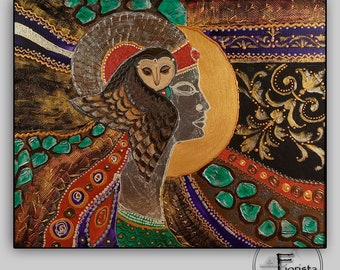 Girl owl mask abstract textured art original oil painting art-deco gold painting in living room bright canvas painting portrait abstract art