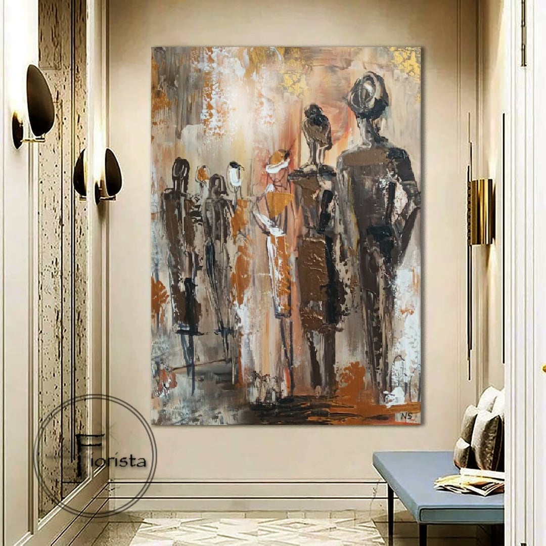 額入り 人物画 インテリアアート 絵画 壁掛け ブラウン ベージュ系 抽象的な人物画、ベージュの表現主義アート、具象的なキャンバス