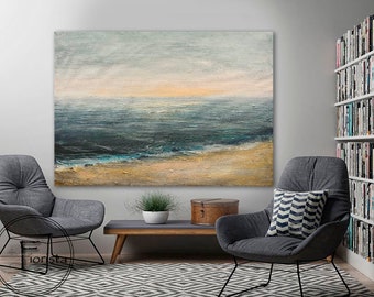 Dipinto A Olio Originale Su Tela – Paesaggio Astratto Mare E Spiaggia, Quadro Moderno Dipinto A Mano Per Soggiorno