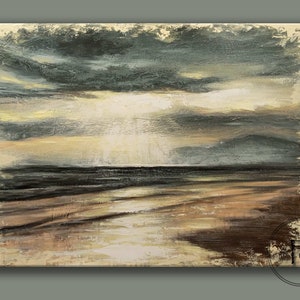 Sunrise sea abstract seascape beige gray painting textured living room wall art oil on canvas modern nautical knife art