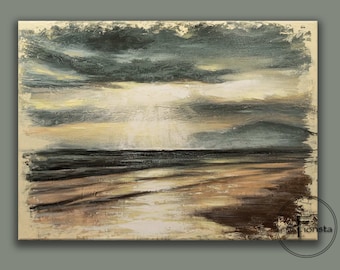 Sunrise Seascape Painting, Textured Oil on Canvas, Modern Nautical Art
