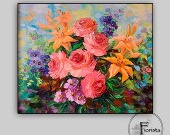 Bouquet, peinture abstraite originale, peintures à l’huile et acryliques sur toile, fleurs roses, peinture murale, décoration moderne de maison et de bureau, roses sur toile