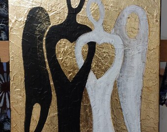 オリジナルの抽象的な天使の絵画、金箔の質感のある壁掛けアート
