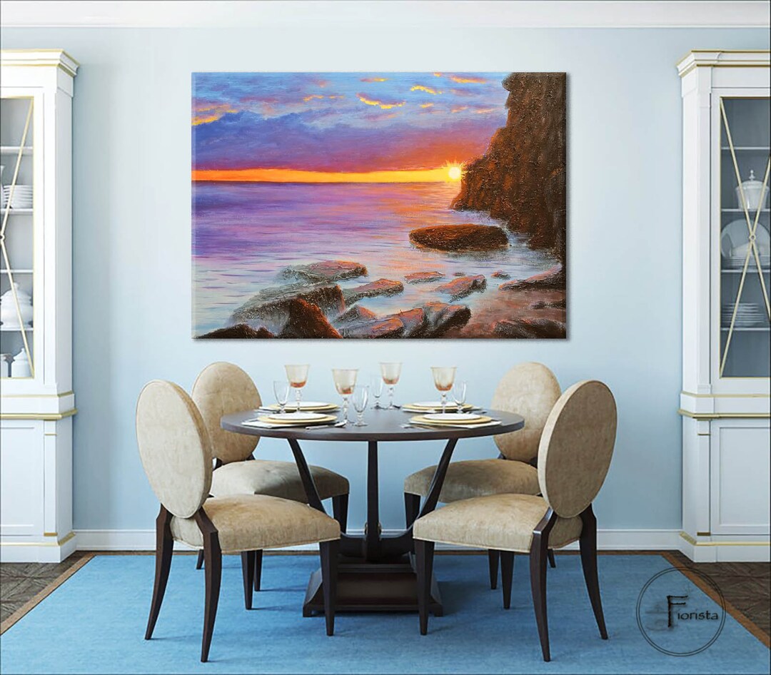 Sea Sunrise Canvas Oil Painting Sunset Wall Decor Pink Purple Clouds ...