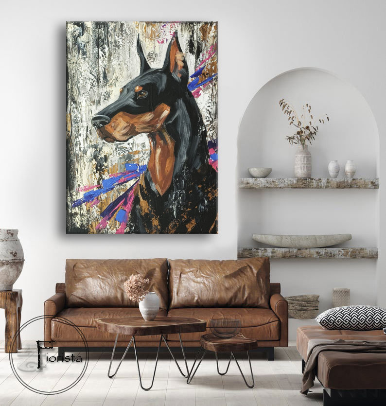 ドーベルマンの肖像画 抽象的なオリジナルのテクスチャ絵画 美しい