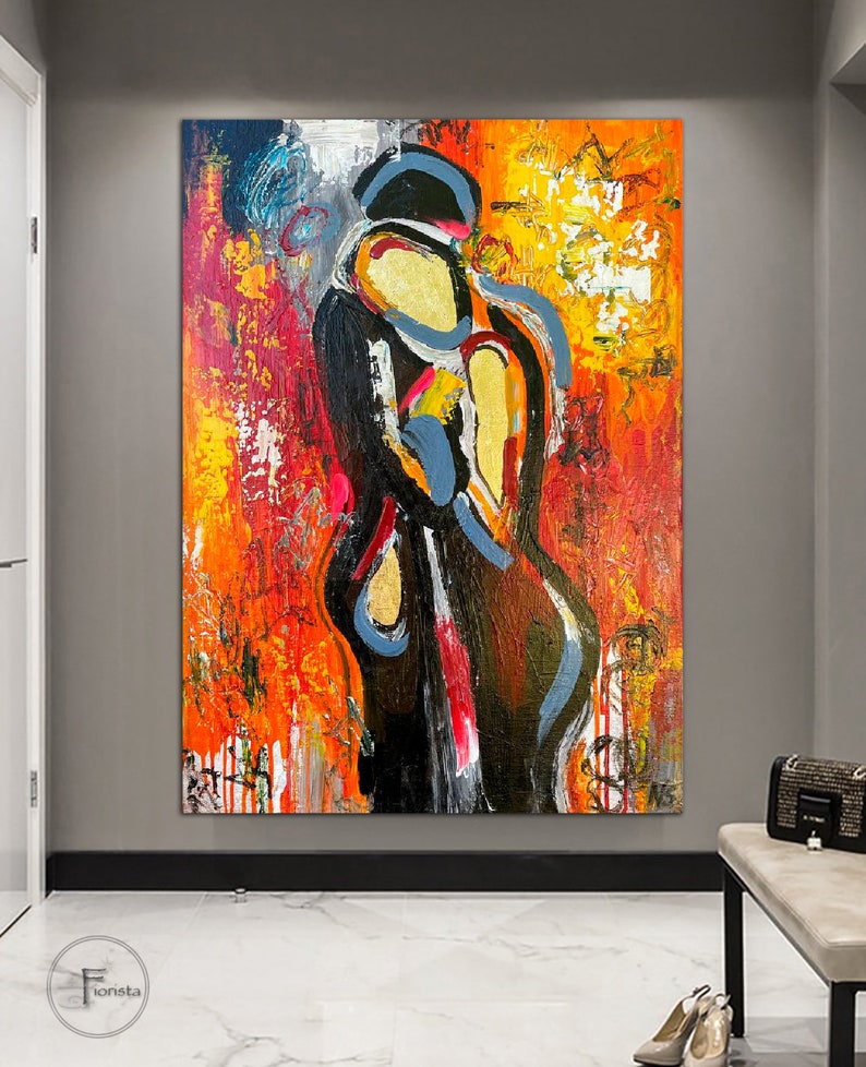 Original modern abstract painting on the wall bright colorful picture textured art painting painting abstract gold painting couple lovers image 6