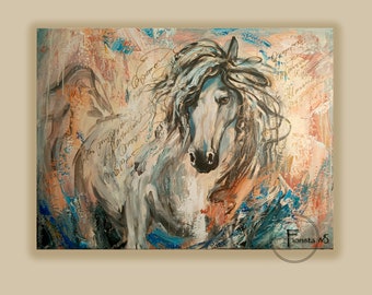 青い馬の馬の絵画抽象的な白い馬の馬のアートモダンな絵画美しい馬の壁