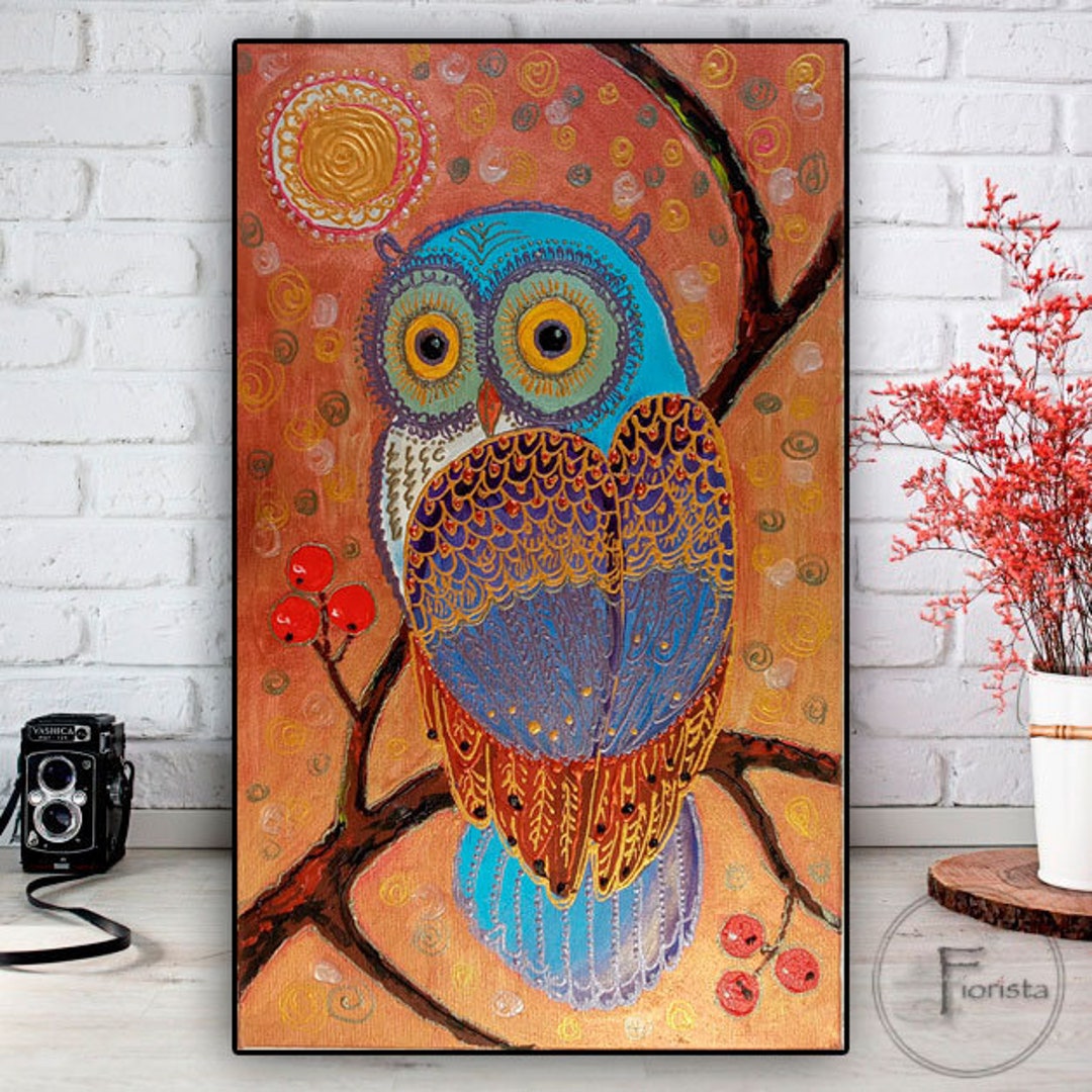 抽象的なフクロウのアールデコ調の保育園の絵画、キャンバスに描かれた