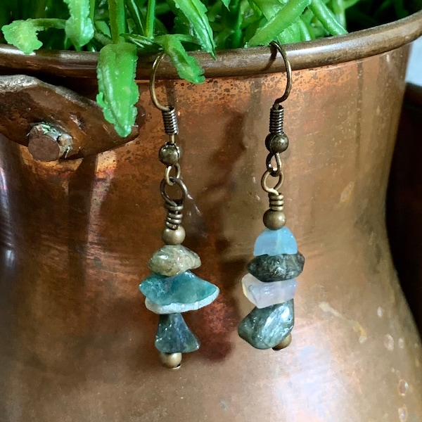 Fancy Jasper Stone Chips Earrings, green earrings, Chip stone jewelry, hippie style, boho earrings, Stacked Stones, Stacked Beads