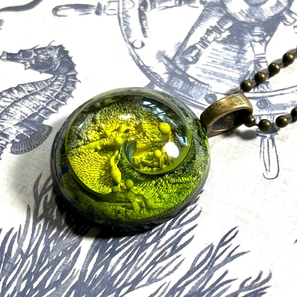 Green Necklace, Petri Dish Resin, Round Necklace, Sci-fi Necklace, Blue Necklace, Clear Resin Necklace, Dog Chain Necklace