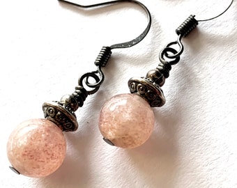 Strawberry Quartz Earrings, Pink Bead Earrings, Silver Earrings, Quartz Beads, Simple Earrings, Pink Quartz, nickel free, boho jewelry