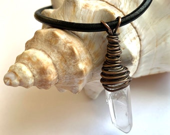 Quartz Point Necklace, Copper Wrapped Quartz, Leather Necklace, Unisex Necklace, Quartz Pendant