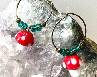 Mushroom Earrings, Hoop Earrings, Red Mushroom Earrings, Glass Mushroom Earrings, Boho Earrings, Boho Jewelry, Red Earrings, Mushroom Hoops