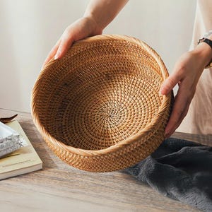 Handwoven Bamboo Rattan Storage Baskets - Set of 3 Nesting Wicker Baskets for Home Decor, Bread, Fruit, and Organization