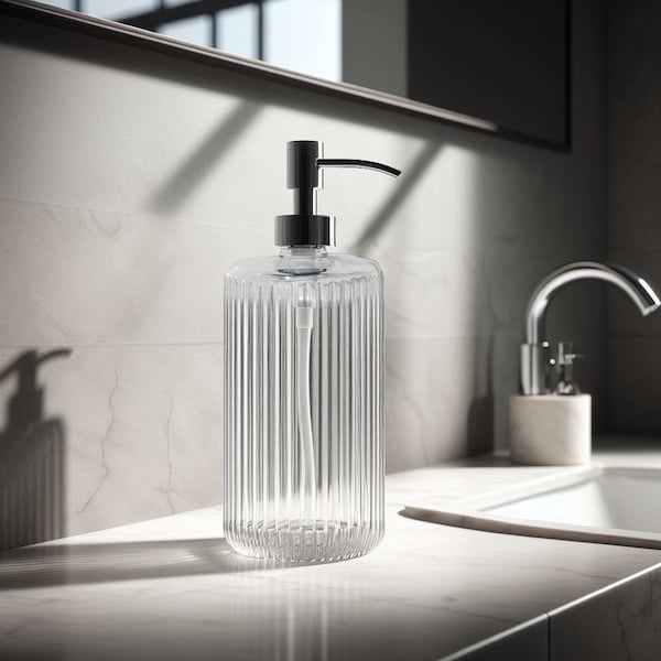 Modern Fluted Ribbed Round Glass Soap Dispenser |  Mid Century Soap Dispenser | Round Modern Soap Dispenser | Minimalist Home Decor Design