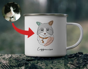 Custom Hand-Drawn Cat Pet Photo 12oz Enamel Camping Mug, Personalized Gift Cat Lovers Owners, Cat Mom Mug Gift, Cat Dad Mug Gift, Handmade