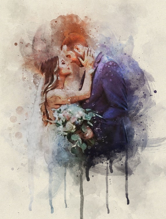 Peinture de portrait à l'aquarelle numérique personnalisée Peinture  personnalisée Cadeau de mariage Portrait de mariage mariée Peinture  personnalisée Toile et affiche -  France