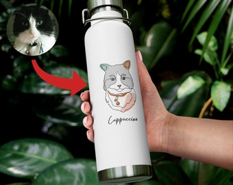 Custom Hand-Drawn Cat Pet Photo 22oz Vacuum Insulated Bottle, Personalized Gift Cat Lovers Owners, Cat Mom Gift, Cat Dad Gift, Handmade