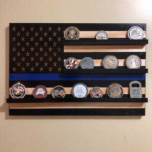 Challenge Coin Display, Thin Blue Line Flag, Challenge Coin Holder, Mini Flag, Police Officer Gift, Anniversary Gift, Retirement Gift