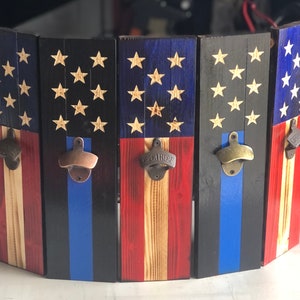American Flag Bottle Opener, Blue Line Bottle  Opener, Back the Blue, Thin Blue Line, Man Cave Decor, Wall Art, Rustic