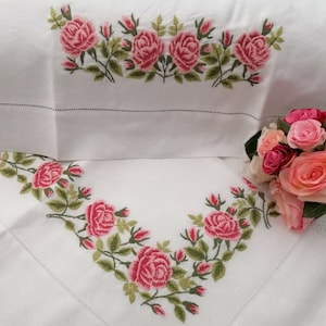 Rich sheet in pure linen with full stitch embroidery completely by hand sheet linen