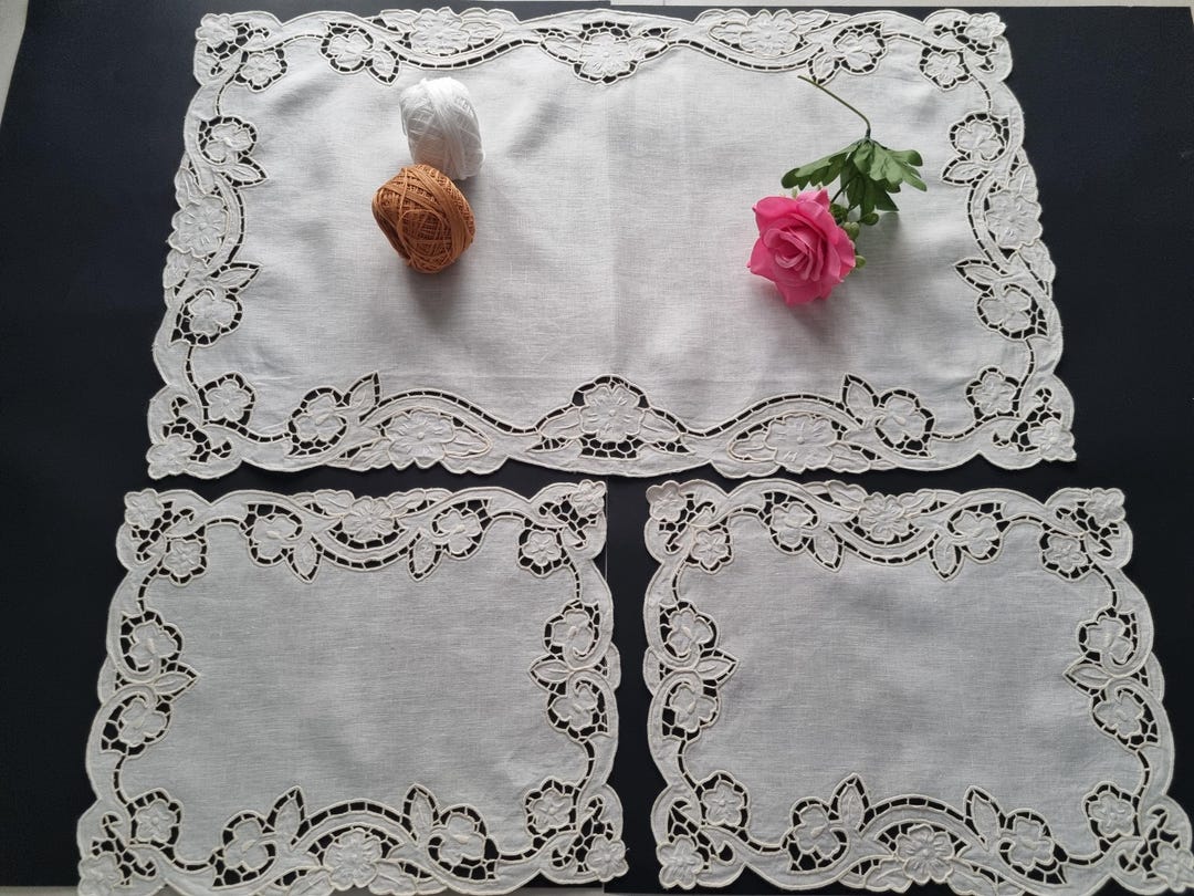 Nappe En Lin Pur Bellora 12 Places – Couleur écru, Broderie Main, Style Classique Floral, Neuve Avec étiquettes