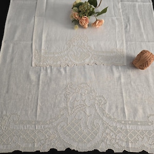 1+1 Sicilian hand embroidered towel set, pure linen Bellora ecru towel handmade