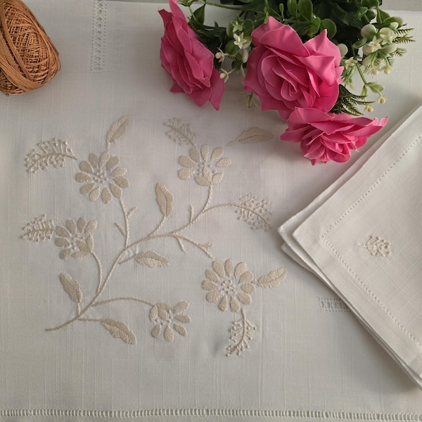 Hand embroidered tablecloth in mixed linen 8 places ecru flower embroidery tablecloth handmade