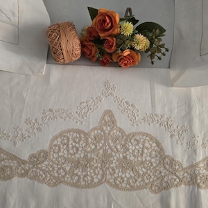 May include: A white textile with intricate beige lace and floral embroidery. A ball of tan thread and a bouquet of orange roses and yellow flowers are placed on the textile. The overall theme is vintage textiles.
