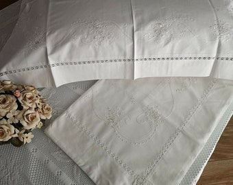 Charming percale cotton sheets with satin stitch embroidery in gold silk thread by hand