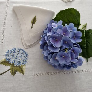 Elegant pure linen tablecloth x12 with hand embroidered Hydrangeas in satin stitch